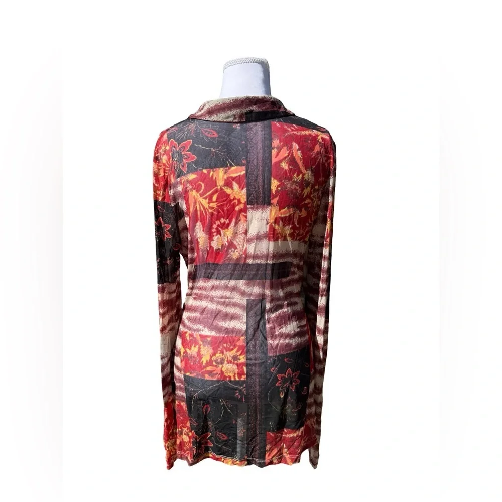 Free People Lucky Printed Blouse Patchwork Semi Sheer Mesh Boho Button Large